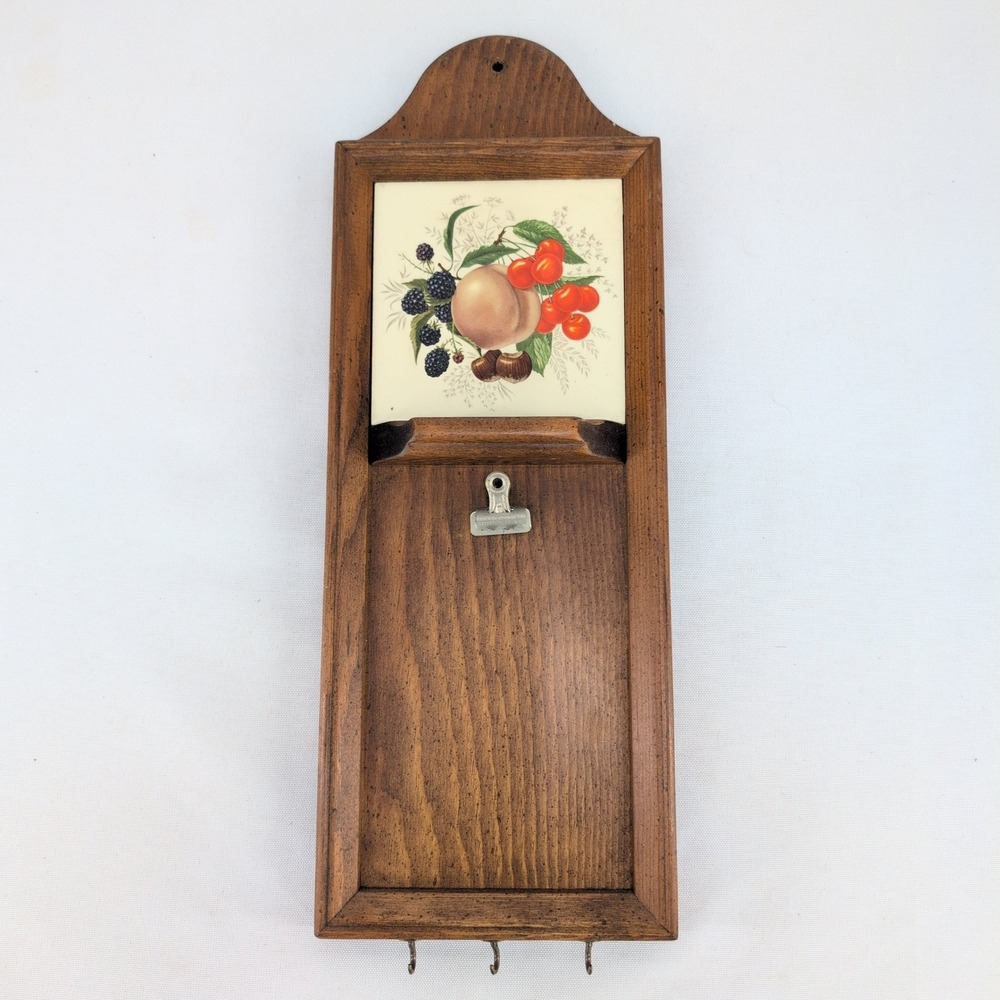 Vintage Wall Organizer Wood Brown Fruit Tile Key Hook Note Clip Organizer